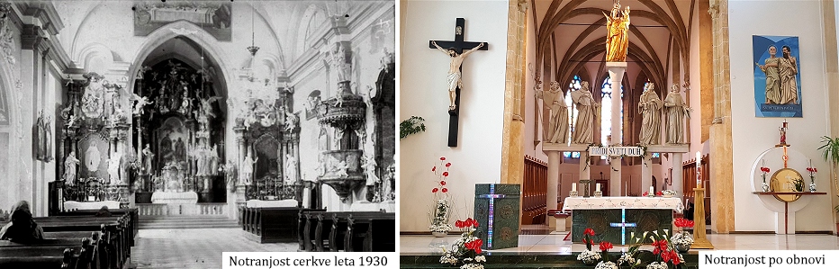 notranjost cerkve nekoc in danes